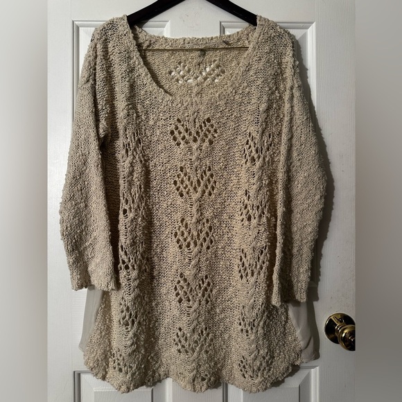 KNITTED & KNOTTED Anthropologie LG Ivory Boucle Delicate Open Knit Sweater Scoop - Picture 3 of 14